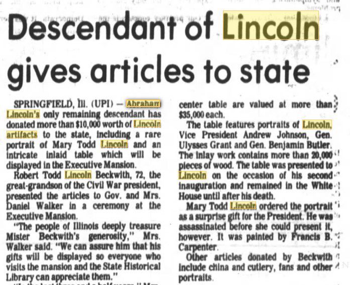 Descendant of Lincoln gives artifacts to state